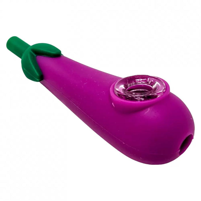 Eggplant Silicone Hand Pipe w/ Glass Bowl – Fun Design